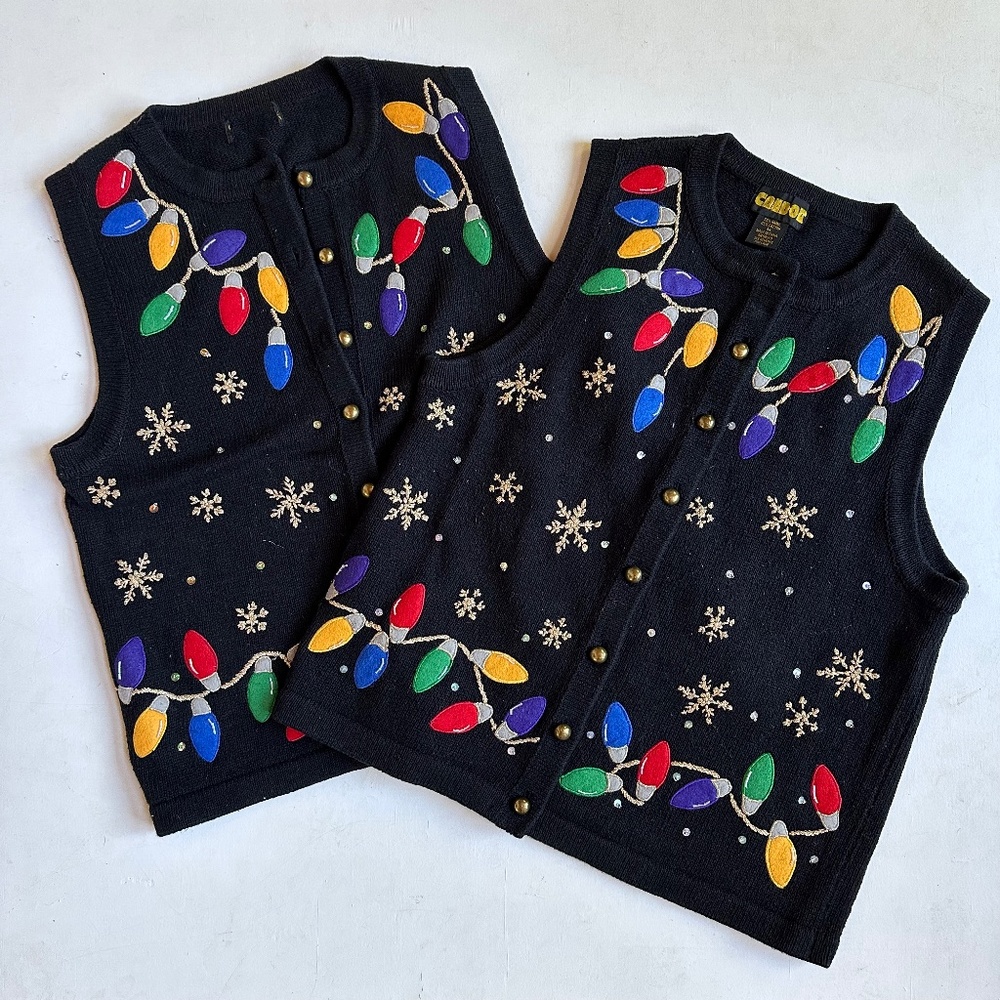 Vintage Black Holiday Christmas Lights Sweater Vest - Set of Two